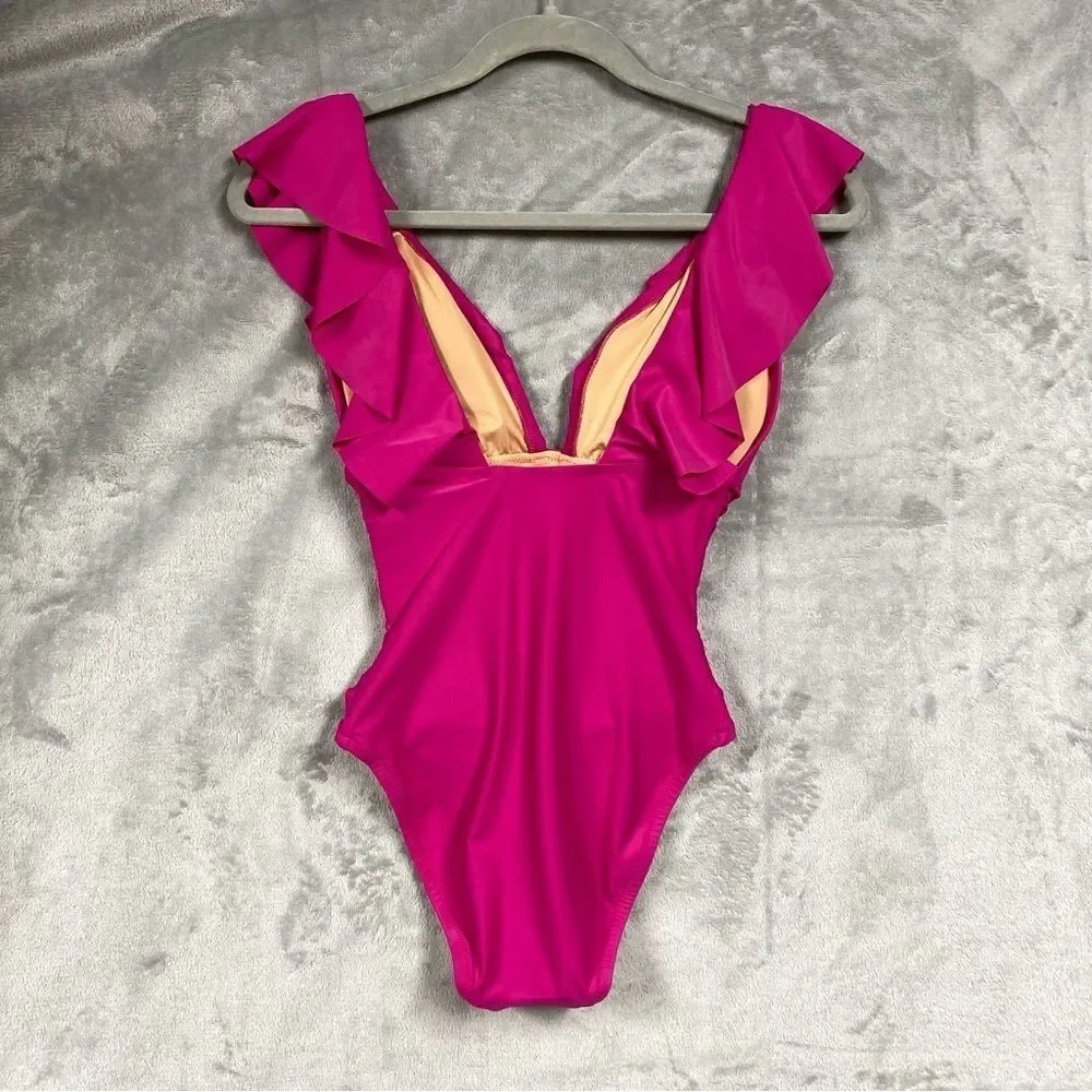 NEW J. Crew Ruched Ruffle One Piece Swimsuit V Neck Size 2 Pink Radiant Fuchsia